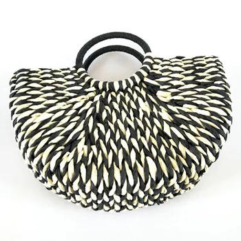 

JHD-New Women round bucket semicircle straw bag handmade net color woven basket rattan handbag(black)