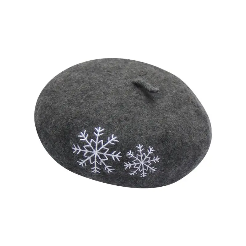 Dark grey Women Ladies Autumn Winter Wool Beret Cap Chic Snowflake Embroidery Pattern Female Painter Outdoor Elegant Beanies Bonnet Hat - Color: Dark grey