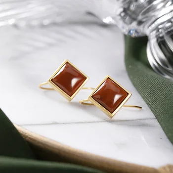 

pure silver personality South Red Agate geometric women's Earrings temperament high-grade inlaid gold-plated earrings