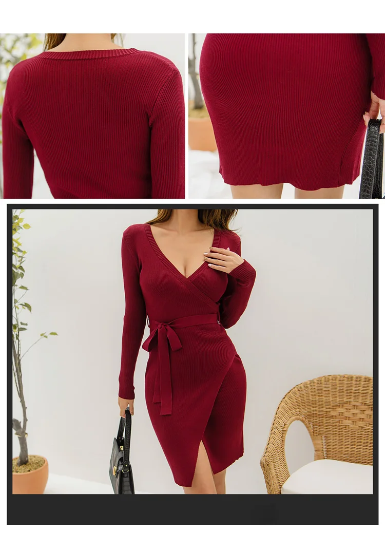 H Han Queen Sexy Deep V-neck Sheath Knitted Bodycon Dress Women Winter Bottoming Dresses Bow Bandage Fitted Short Vestidos