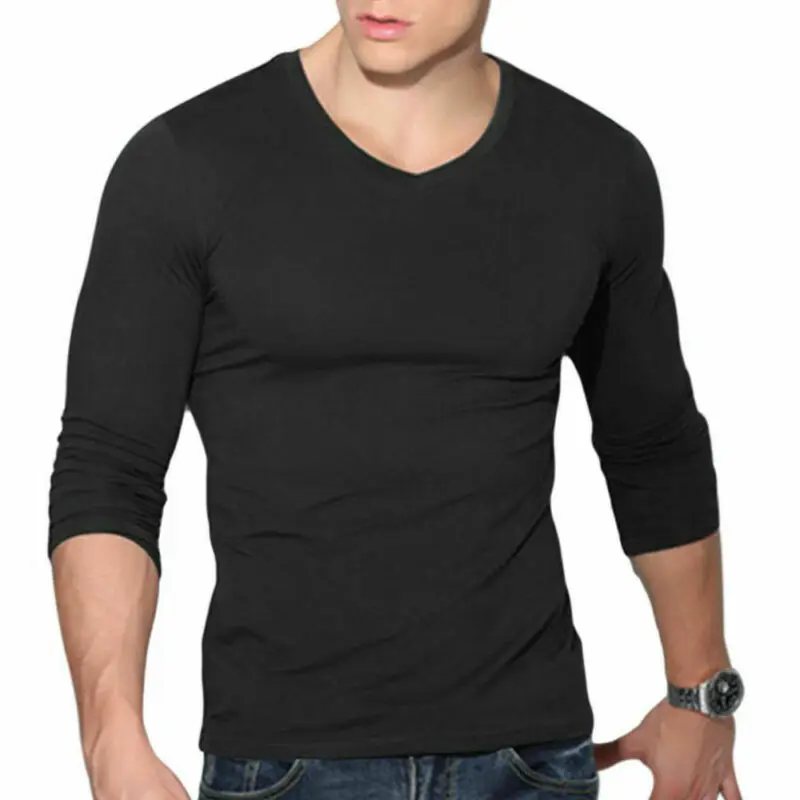 Горячая Распродажа, мужская рубашка с v-образным вырезом и длинным рукавом, приталенная Повседневная однотонная Базовая рубашка, однотонная черная, белая, Красная мужская рубашка