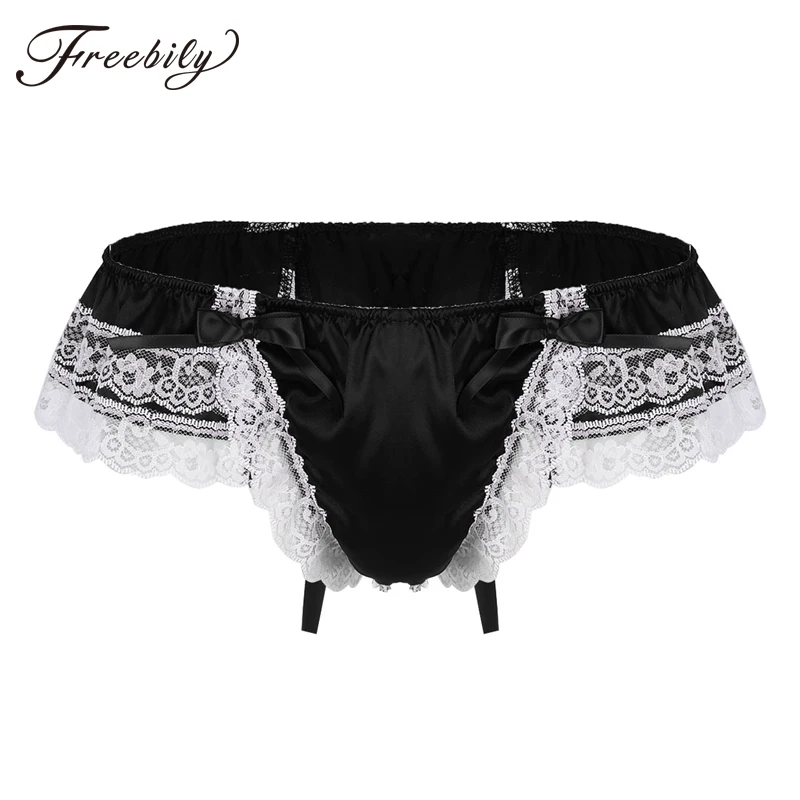 Мужское нижнее белье Sissy Jockstraps блестящее атласное белье слои цветочные кружева сзади с большим бикини с завязками стринги трусы мужские