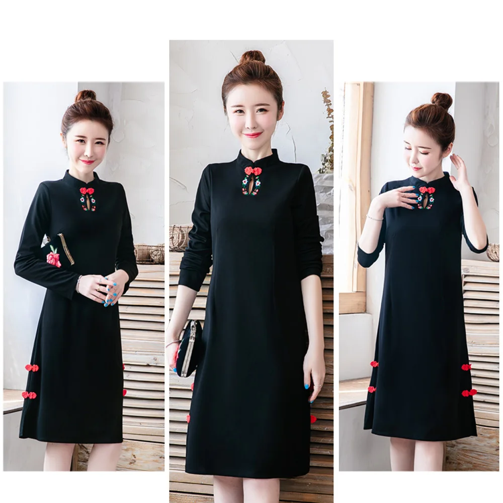 Одежда с длинными рукавами с вышивкой в виде феникса, улучшенная Cheongsam Qi Pao китайский Стиль платье Чонсам Для женщин короткое платье-Ципао, платье - Цвет: 8889