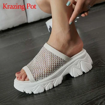 

Krazing pot leisure rhinestone bling mixed cloth thick bottom wedges peep toe high heel summer shoes slip on sandals women L61