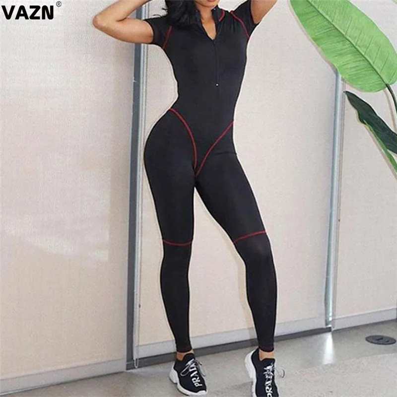 VAZN новые черные повседневные Модные эластичные женские спортивные костюмы с коротким рукавом и высокой талией, длинные облегающие комбинезоны