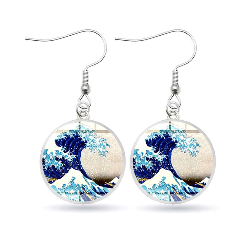 Classic Kanagawa Surf Painting Earrings Japanese Ukiyo-e Art Blue Sea Wave Dangle 3D Printed Glass Gem Jewelry | Украшения и