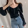 Ruffled Tops And Blouses Autumn Fall Basic Wear Flare Sleeve Chic Korean Fashion Shirts Black Off Shoulder Women Top Blusas 1