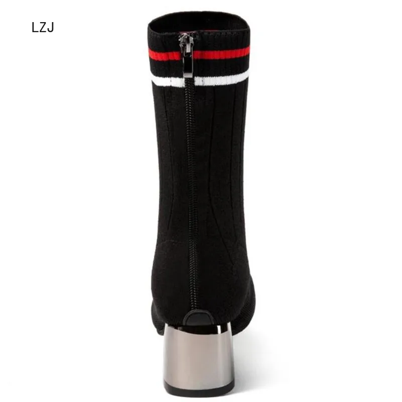 LZJ г. Женские черные сапоги до середины икры модные демисезонные растягивающиеся сапоги женская обувь на высоком массивном каблуке с круглым носком 5,5 см