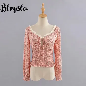 

Blvyisla Sexy Slim Elastic Waist Long Lantern Sleeve Deep V Neck Blouse Female Spring Summer Lace Splice Shirts Printed Tops