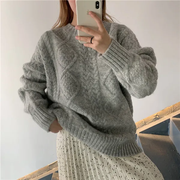 light grey RUGOD зимний теплый Однотонный женский свитер с круглым вырезом, свободный толстый вязаный пуловер, модный шикарный Элегантный Повседневный корейский свитер - Цвет: light grey
