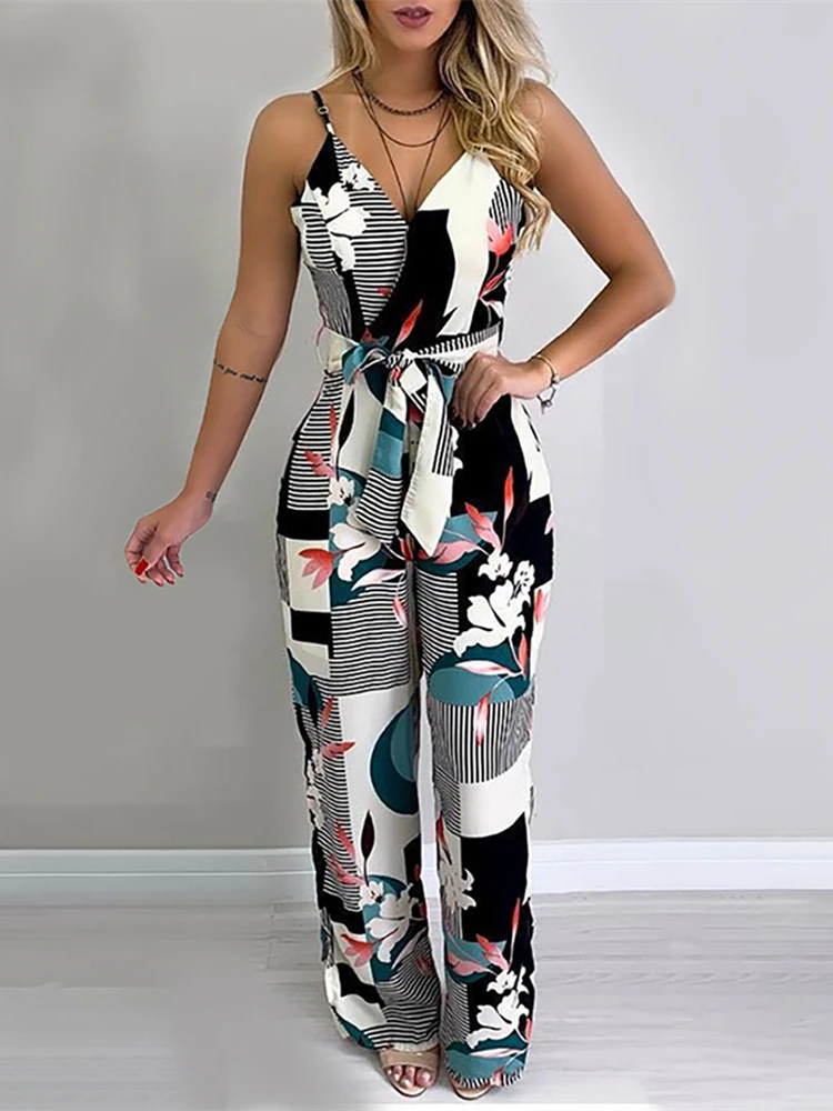 

Plus Size XXL Spaghetti Strap Mixed Print Jumpsuit Casual Look for Women 2019