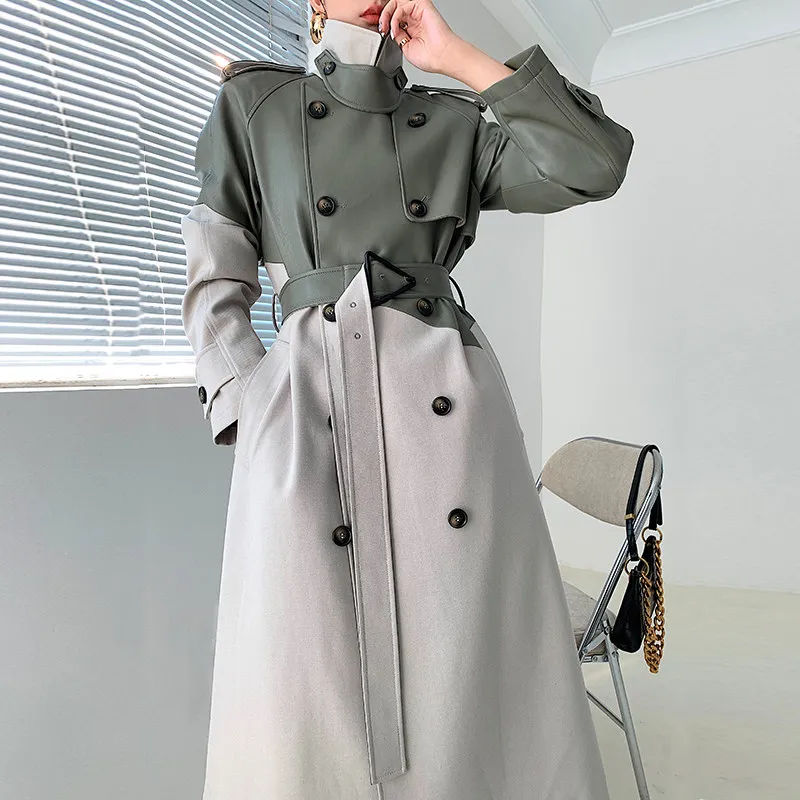 

Famous Long Patchwork Tren Coat Female Winter Windbreaker Women's Fashion Perfectly Shaping Faux Leather Biker Jackets