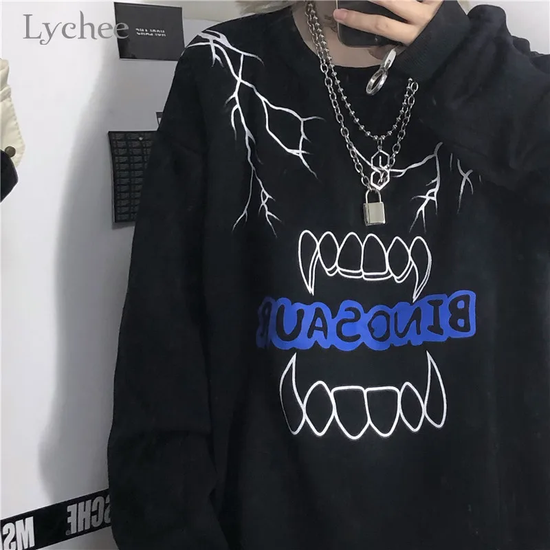 Lychee Harajuku, Женские флисовые топы с круглым вырезом, хит цвета, молния, зубы, буквы, женские флисовые толстовки, свободные осенние женские пуловеры