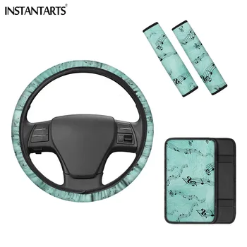

INSTANTARTS Car Decoration Accessories Set Musical Note Print Steering Wheel Cover Car Armrest Box Cover Heavy Vehicle Universal