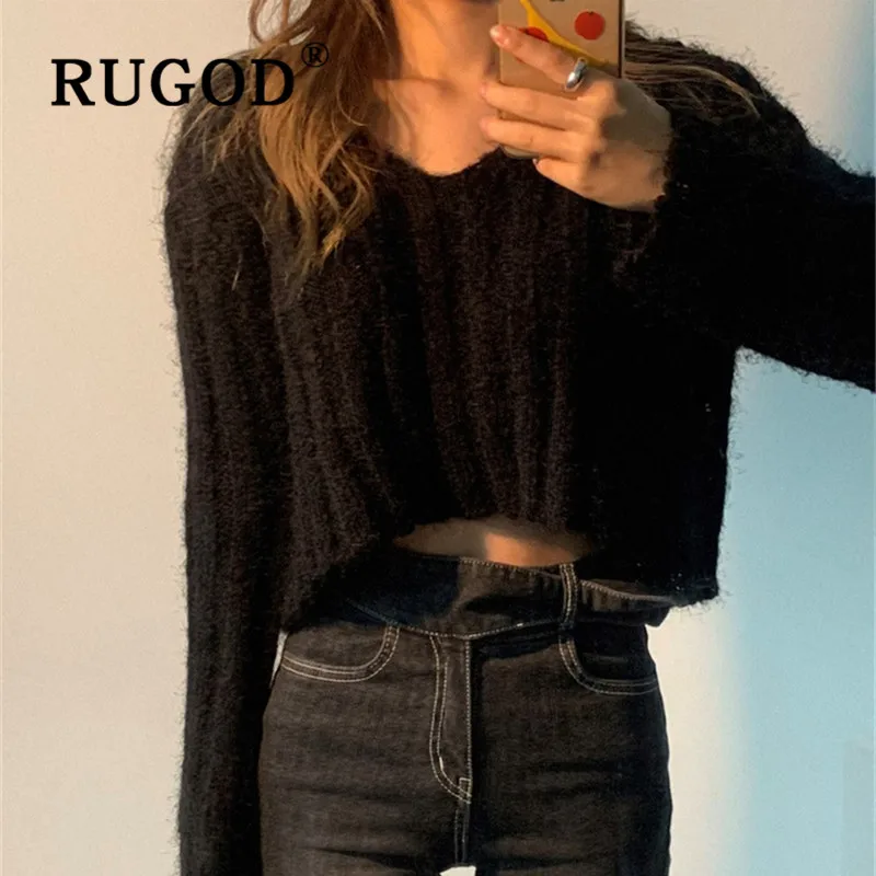 Свитер женский RUGOD, Модный женский свитер с v-образным вырезом, винтажный вертрический полосатый короткий пуловер с длинным рукавом, простой укороченный топ, свитер, Джерси кофта женская