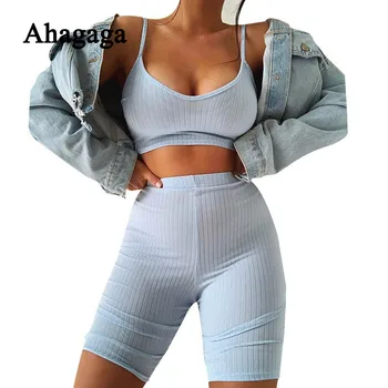 

Ahagaga Summer 2 pieces Sets Women Sleeveless Hodycon Camis+Shorts Pullover Fitness High Waist Women Solid Color Set Suit Female