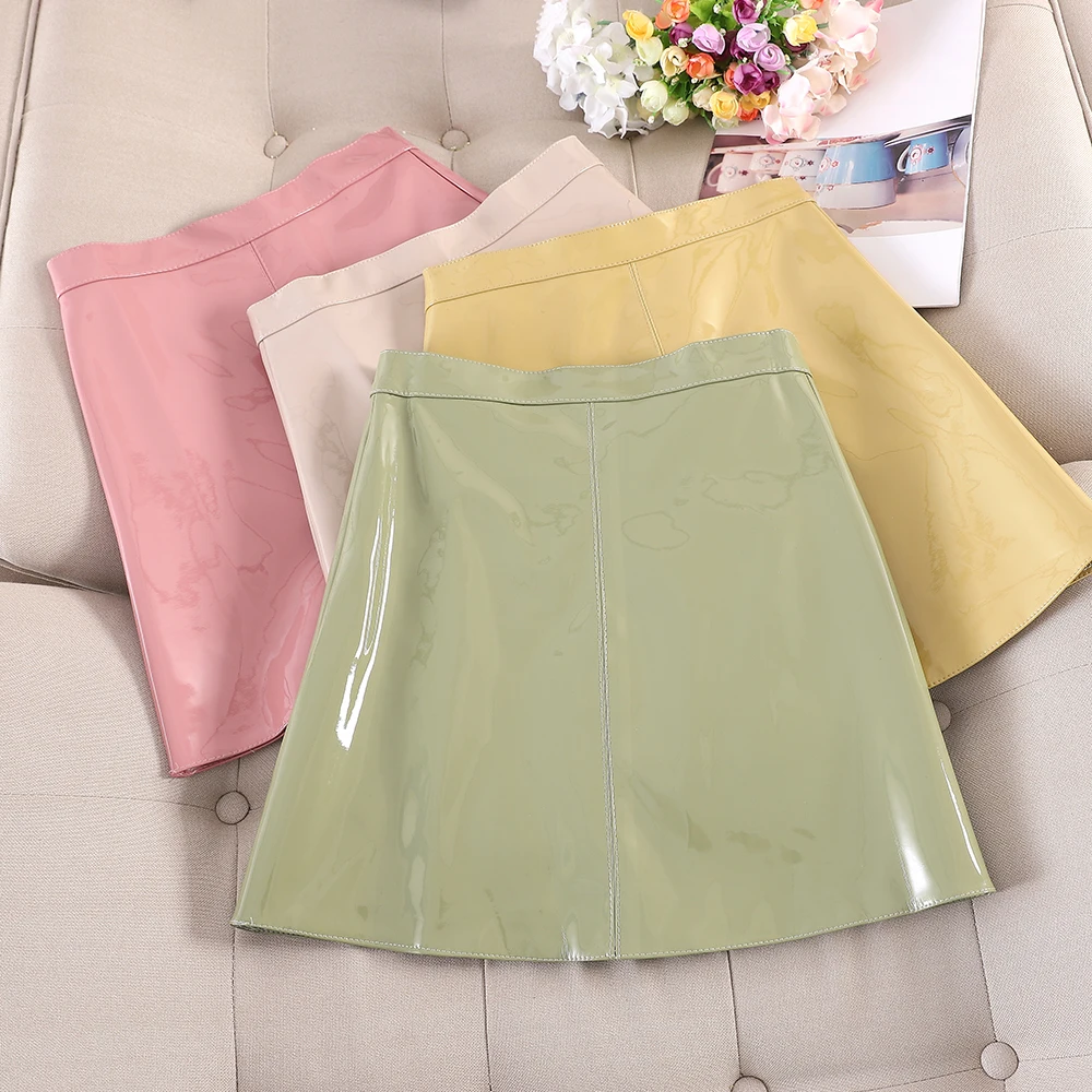 

2019 Fashion Autumn Winter Short Bright PU Leather Skirt Women Korean Faux Leather Mini Skirts Female Sexy A-Line 7 Colors Saias