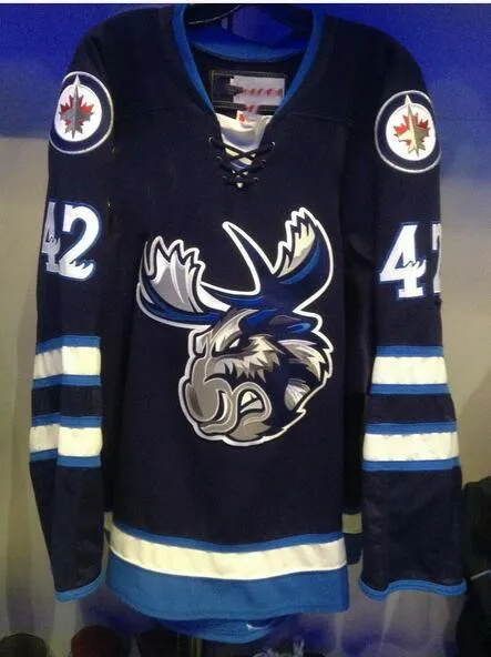 

21 FRANCIS BEAUVILLIER 42 PETER STOYKEWYCH Manitoba moose Jets Hockey Jersey Embroidery Stitched Customize any number and name