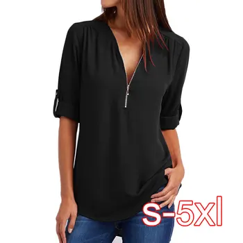 

Streetwear T-Shirt Chiffon V Neck Zipper Plus Size XXXXL 5XL Brand tshirt Autumn T Shirt Women Clothes Camisetas Mujer Top Tee
