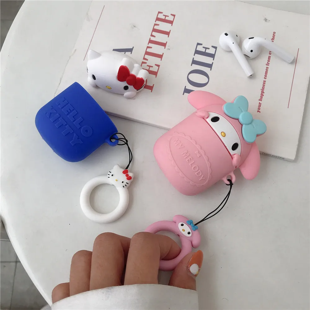 

My melody 3D cute cartoon Silicone Case For Apple Airpods 1 2 INS lovely hello kitty cat Ring Lanyard Hang Loop protective Cover