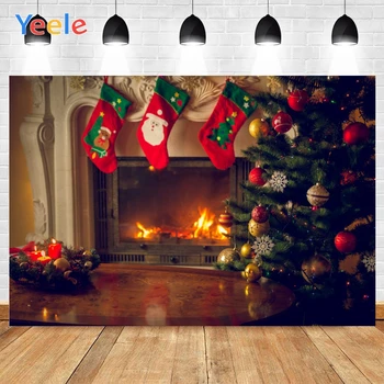 

Yeele Merry Christmas Fireplace Stockings Balls Tree Gifts Background Photophone Photography Backdrop for Decor Customized Size