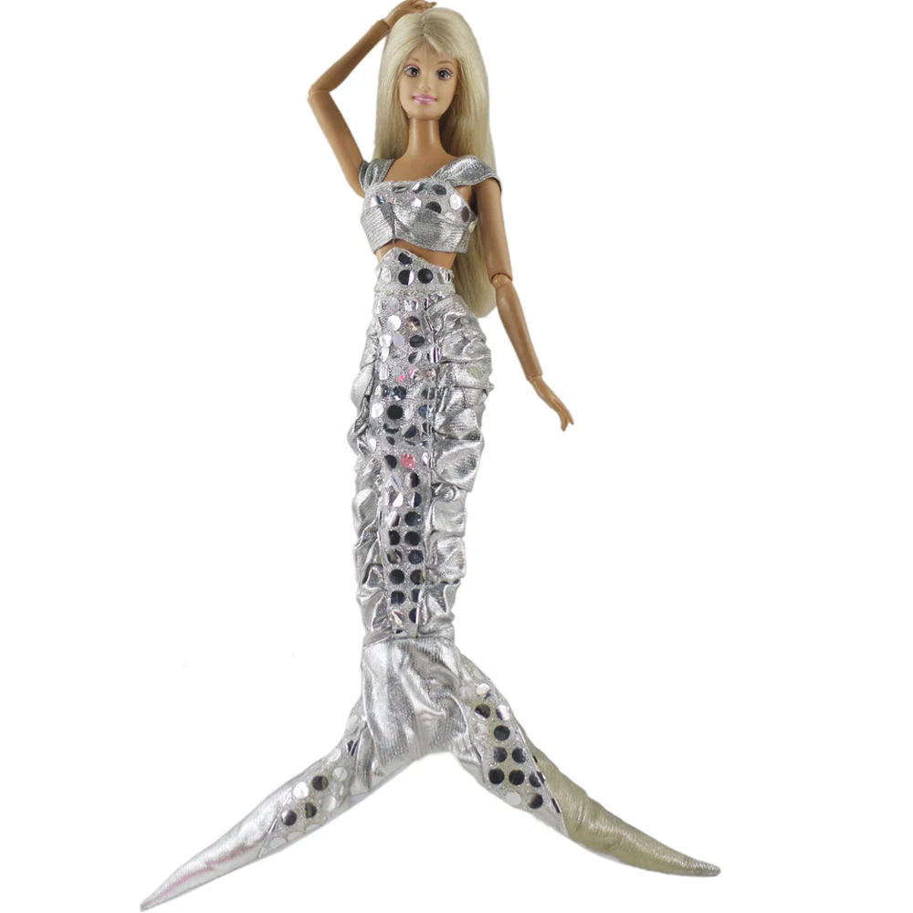 Фото NK 1 шт. модное серебряное платье Русалка хвост Кино Косплей наряд для куклы Барби
