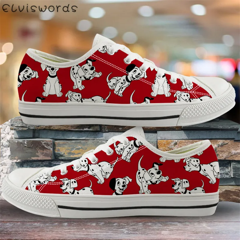 

ELVISWORDS Flats Dalmatian Dog Print Red Canvas Shoes Women Leisure Vulcanized Shoes Female Animal Breathable Sneakers Footwear