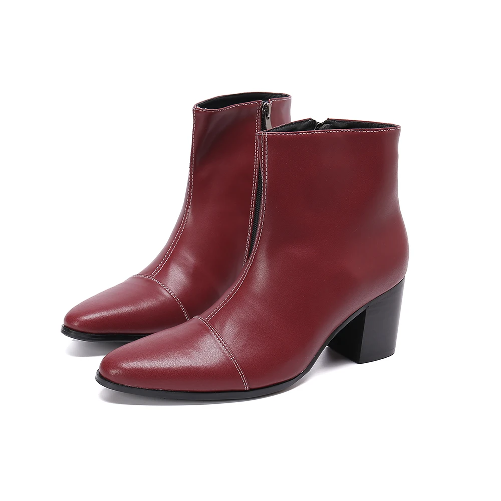 Classic Wine Red Leather Boots for Men Large Size High Heel Pointed Toe Man Ankle Business Party Short | Обувь