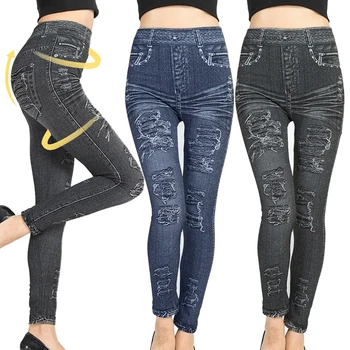 

CALOFE 2020 Slim Women Leggings Faux Denim Jeans Leggings Sexy Long Pocket Printing Summer Legging Casual Pencil Pant Plus Size