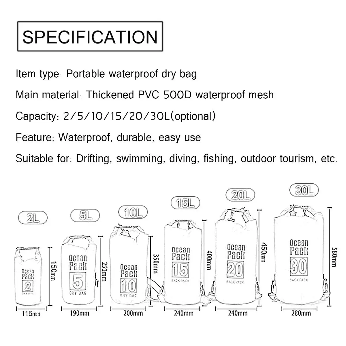 2L/5L/10L/15L/20L/30L водонепроницаемые сумки сухой мешок ПВХ водонепроницаемый рюкзак; спортивная сумка рафтинг рюкзаки для плавания непроницаемая сухая сумка