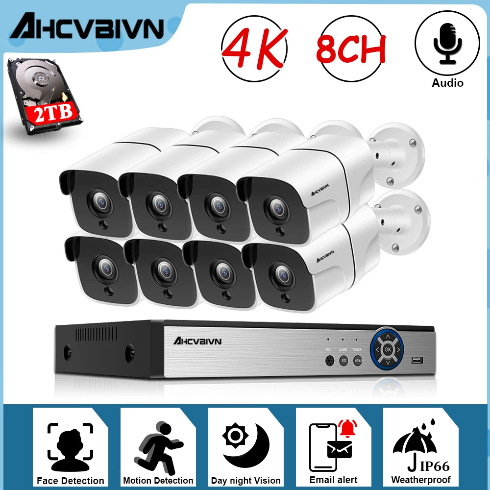 

8Ch 4K Ultra Hd Cctv Camera Security System 8MP Video Surveillance Kit H.265 Outdoor Audio Record Poe IP Camera NVR Set