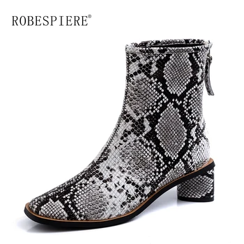 

ROBESPIERE Brand Genuine Leather Cowboy Ankle Boots for Women Wedge High Heel Shoes 2019 Snake Print Western Cowgirl Boots B134