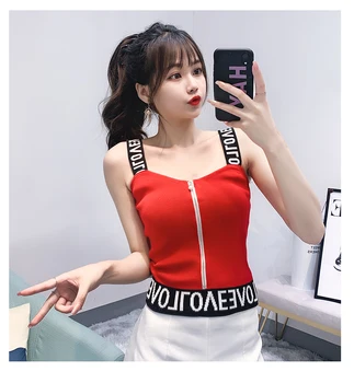 

Korea Love Letter Summer Sleeveless Women Knitted Tank Top V-neck Vest Elastic Skinny Cute Sweet Ladies Zipper Tops Clothing