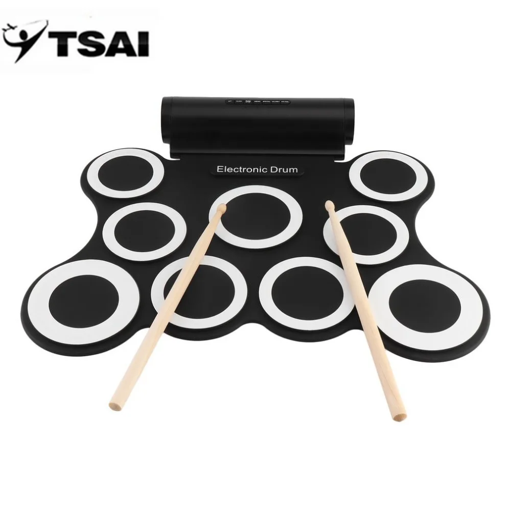 TSAI портативный электронный набор барабанов с барабанными палочками usb зарядка 3009 цифровой барабанный коврик складной 3,5 мм аудио кабель музыкальный