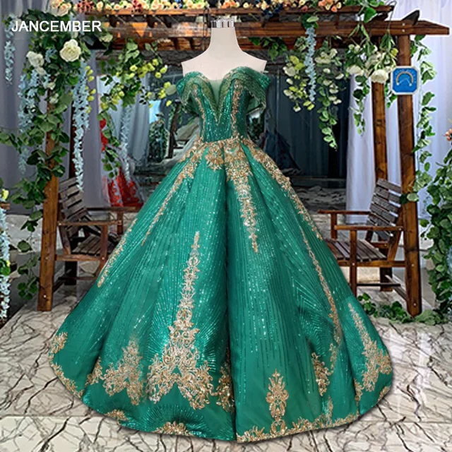 HTL139 swollen green evening dress 2020 tassel off the shoulder sweetheart lace up blue ball gown prom dress with golden sequins 1