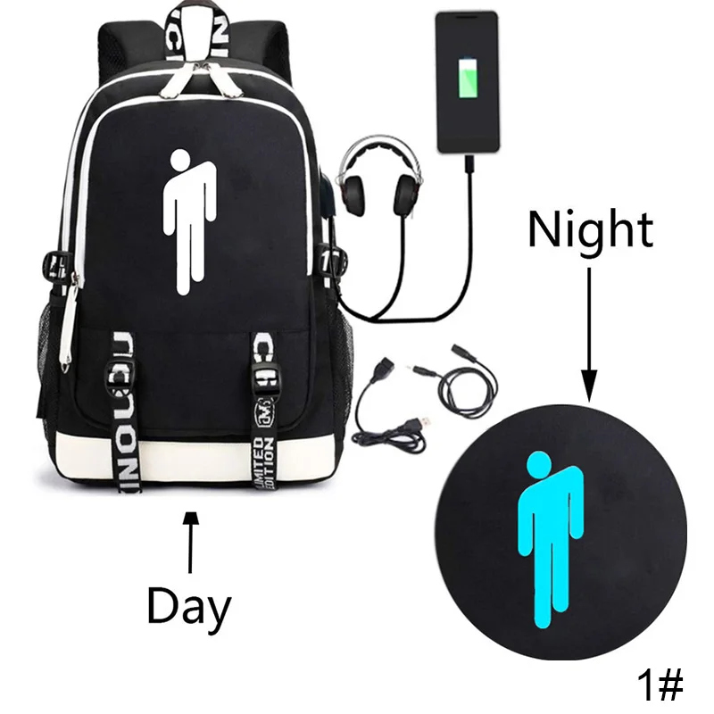 Рюкзак с usb-зарядкой Billie Eilish, Студенческая сумка, уличный рюкзак, блокировка паролем, защита от кражи, рюкзак Mochila - Цвет: style 1