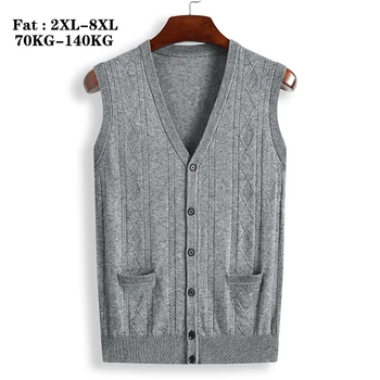 

QUANBO 2019 Spring Autumn New Plus Size Men's Sleeveless Wool Cardigan Fat Loose Casual V-neck Knitwear Cardigan Sweater 8XL