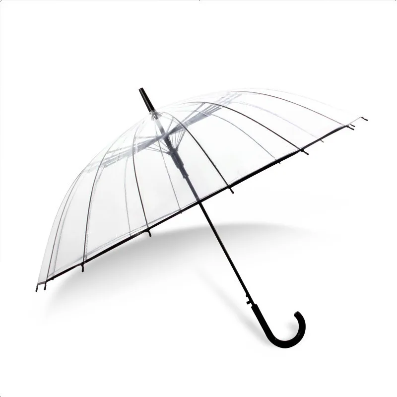 

High Quality Big Long Handle 16 Rib Transparent Umbrella Male Female Rain Fashion Solid Semi Automatic Creative Rainy Clear