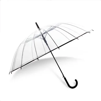 

High Quality Big Long Handle 16 Rib Transparent Umbrella Male Female Rain Fashion Solid Semi Automatic Creative Rainy Clear