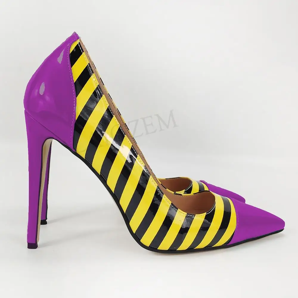 Metallic Purple LAIGZEM; женские вечерние туфли-лодочки на каблуке в полоску с Пчелой; яркие туфли на шпильке; женская обувь; Tacones zapatos mujer; большие размеры 45-47 - Цвет: Metallic Purple