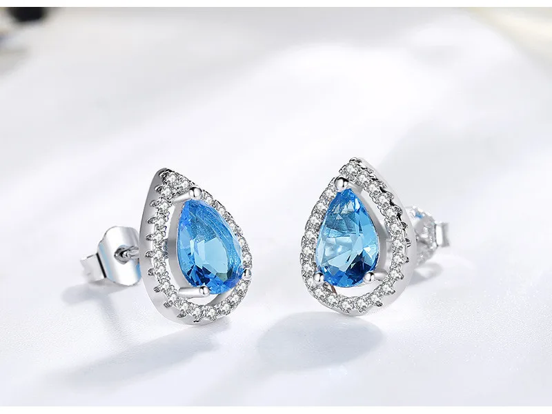925 серебряные иголки серьги-гвоздики для женщин синие капли воды кубический цирконий серьги-гвоздики для невесты свадебные Простые Ювелирные изделия CCE639