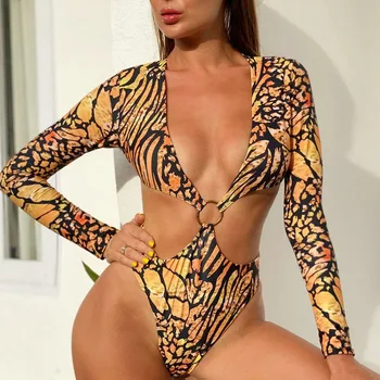 

Sexy One Piece Swimsuit Long Sleeves Swimwear Push Up 2020 Brazilian Monokini Leopard Print Bikini Women Thong Swim Bathing Suit