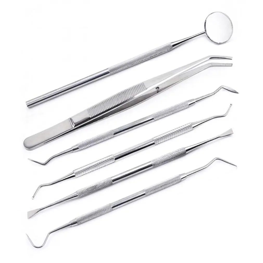 OUTAD 6pcs/Set Stainless Steel Hand Tool Set Dental Tool Teeth Clean Hygiene Explorer Probe Hook Pick Scaler Mirror Tweezers