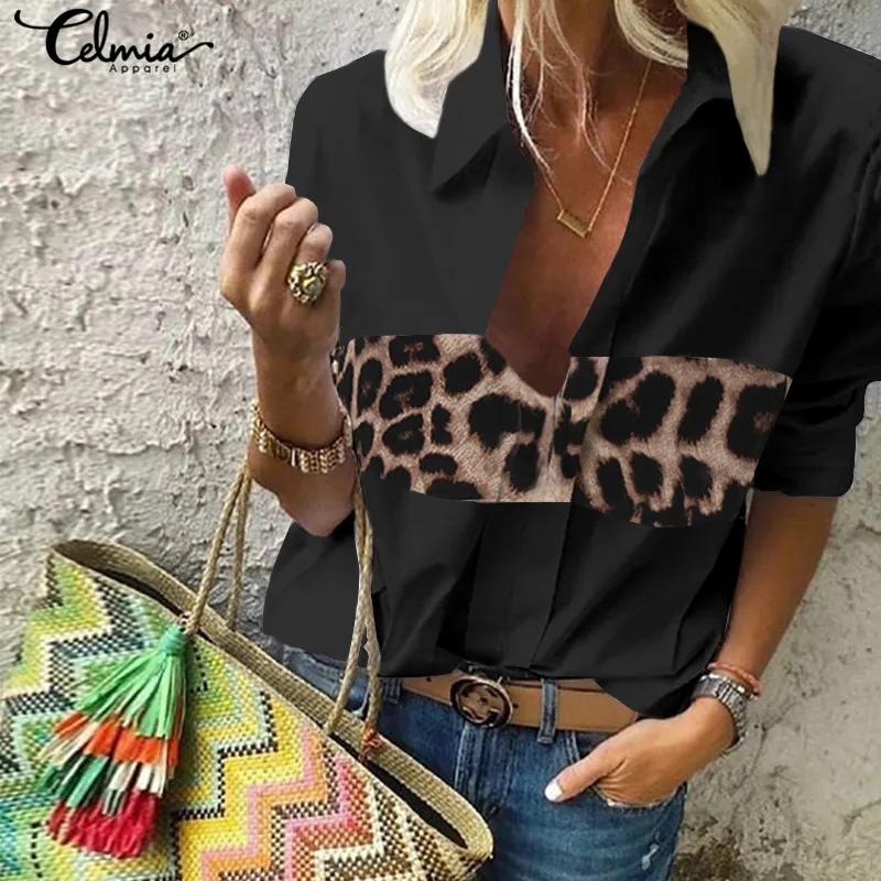 Celmia 2020 Sexy Leopard Stitching Blouse Womens Clothing Autumn V-Neck Long Sleeve Shirts Casual Loose Tops Vintage Blusas 5XL