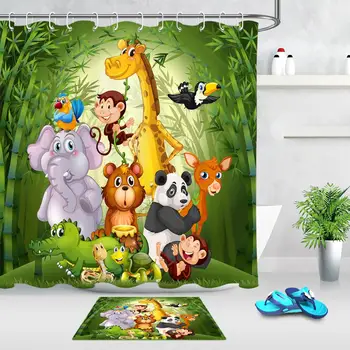 

Africa Shower Curtain Tropical Animal Waterproof Fabric Cartoon Bath Curtain Bathtub Decorative Set with 12 Hooks