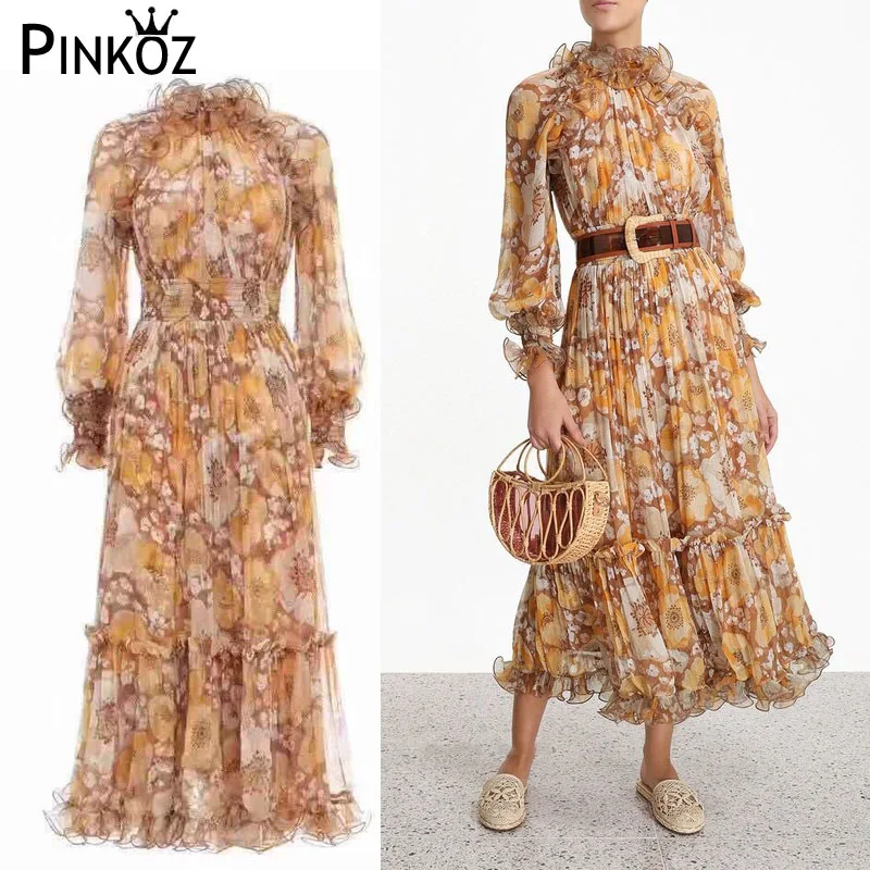 Pinkoz винтажное платье в стиле пэчворк с оборками, женское Плиссированное Сетчатое платье с длинным рукавом и высокой талией, весна