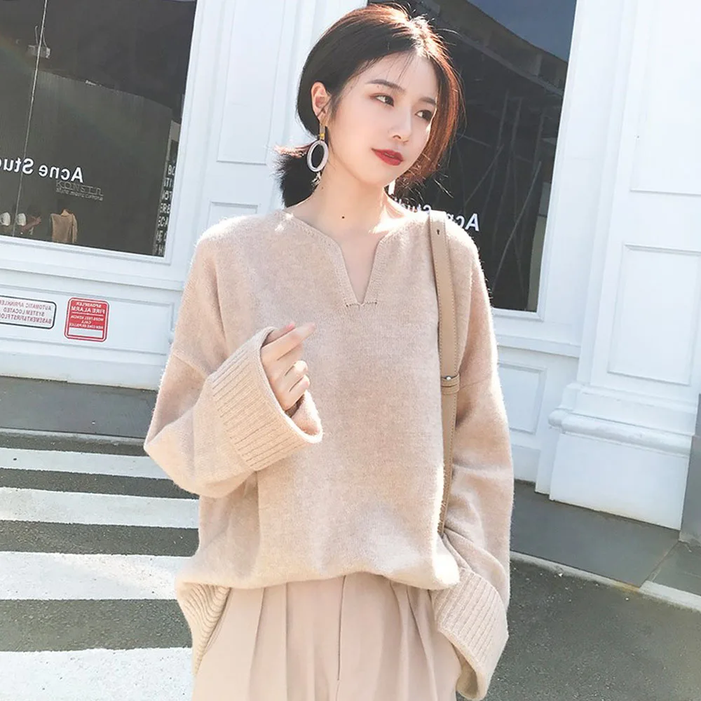 

V-neck Sweater Pullover New 2020 Women Solid Color Autumn Winter Outwear Female Loose Slim Long Sleeve Korean Japanese Fashion