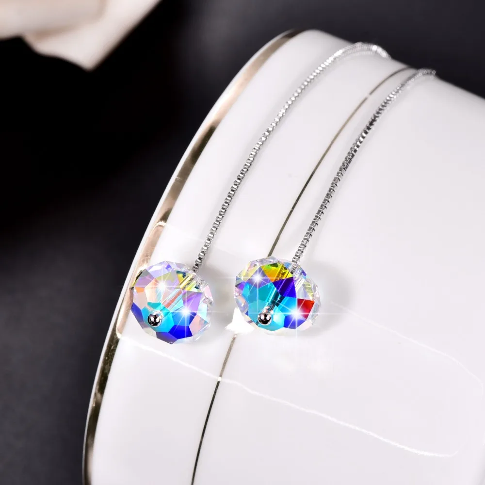 Кристаллы от Swarovski Квадратные бусины Висячие серьги для женщин серебряная цепочка пирсинг модные серьги с подвесками Свадебные ювелирные изделия подарок