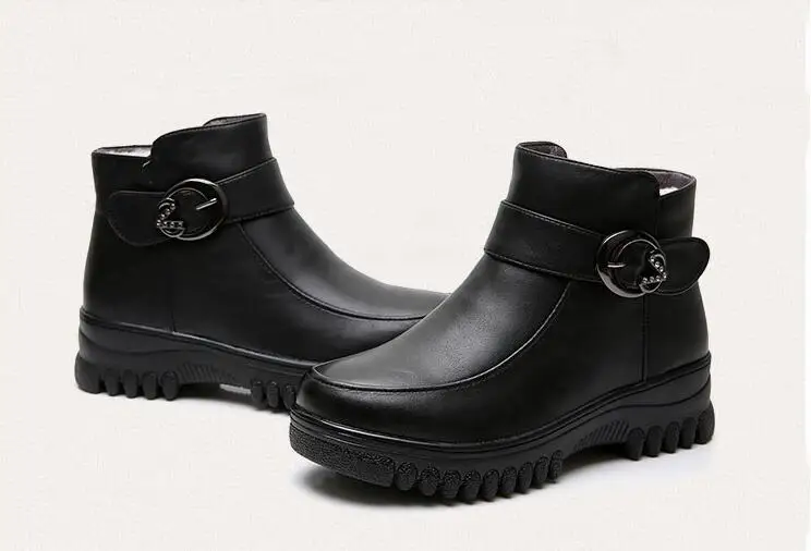 New Women Genuine Leather Boots High Heels Platform Ankle Boots Ladies Buckle Shoes Woman Warm Waterproof Round Top Shoe g675