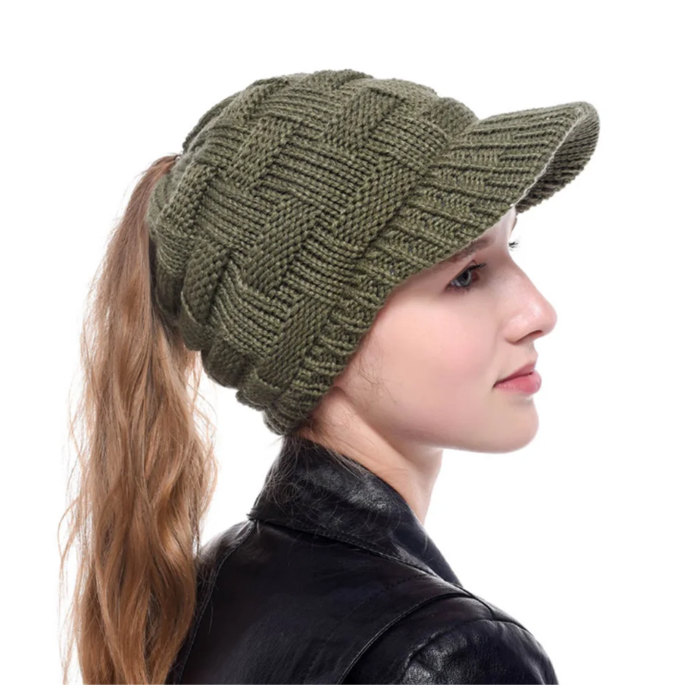 Хвощ Кепки зимняя женская теплая вязаная шапка в пучок Beanie Осенняя Мягкая трикотажная Кепки Модная вязаная шерстяная шапка